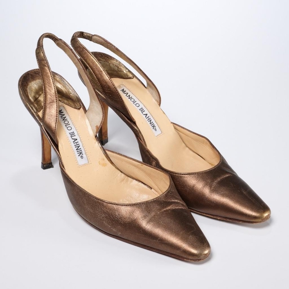 Manolo Blahnik Bronze Leather Slingback Heels Pumps Shoes US 6 Eu 36.5